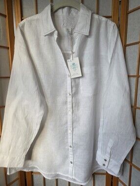 NWT WOMENS SIGRID OLSEN WHITE 100% LINEN BUTTONS DOWN CROCHETED SHIRT LARGE